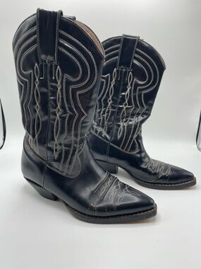 Black Leather Western Cowboy Boots with White Stitching Womens 6